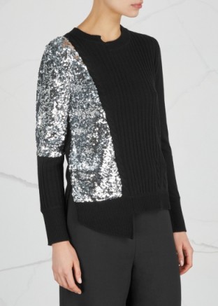 OSMAN Adam sequin-panelled wool blend jumper ~ black embellished asymmetric hem jumpers ~ metallic-silver sequins