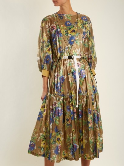 TOGA Belted olive-green floral-print nylon dress ~ softly gathered dresses