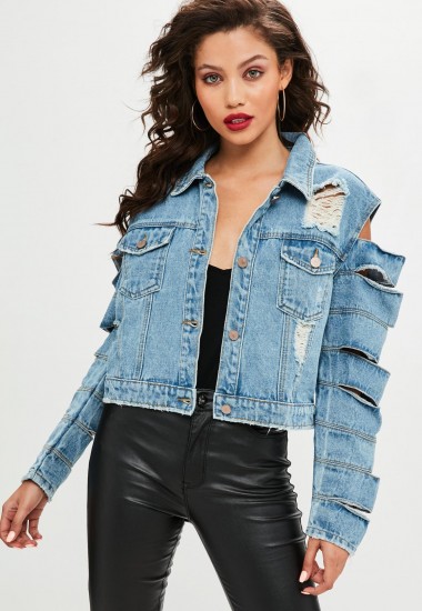 Missguided blue deconstructed sleeve denim jacket | destroyed jackets