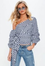 Missguided blue stripe bardot ruffle sleeve shirt – spring style wrap shirts