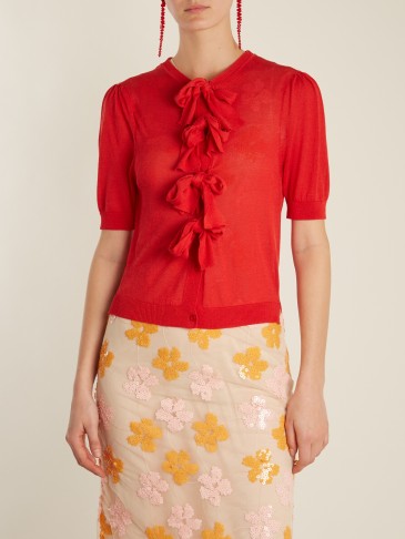 SIMONE ROCHA Bow-embellished short-sleeved cardigan ~ red vintage style cardigans