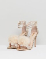 Carvela Glenn Gold Faux Fur Pom Heeled Sandals ~ fluffy gold party heels