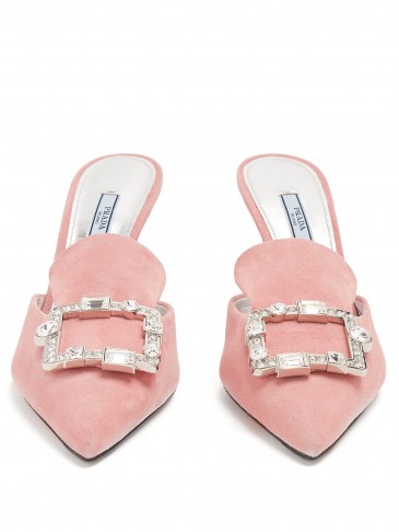 PRADA Crystal-buckle pink suede mules ~ luxe heels