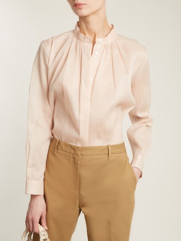 JIL SANDER Eloise sheer cotton-mousseline blouse ~ light-pink front pleated high neck blouses