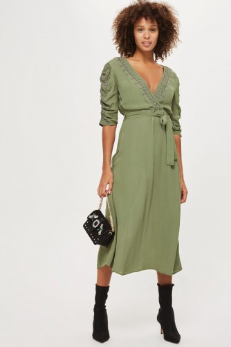 Topshop Embroidered Ruched Sleeve Dress | khaki-green plunge front dresses