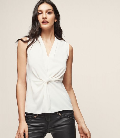 REISS FARAH TWIST-FRONT TOP OFF WHITE ~ chic sleeveless knotted tops