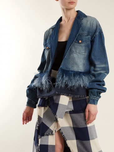 JOHANNA ORTIZ Feather-embellished denim jacket ~ blue feathered jackets