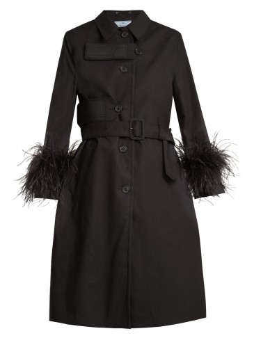 PRADA Feather-trimmed resin-coated black cotton coat ~ chic coats