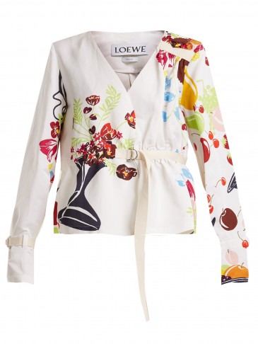 LOEWE Floral and fruit-print tie-waist jacket ~ white printed spring/summer jackets