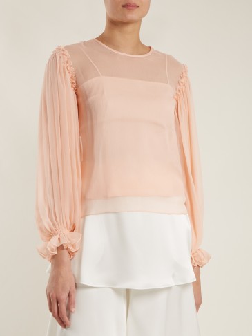 EMILIO DE LA MORENA Gathered-sleeve silk-chiffon blouse ~ semi sheer blush-pink blouses ~ feminine look