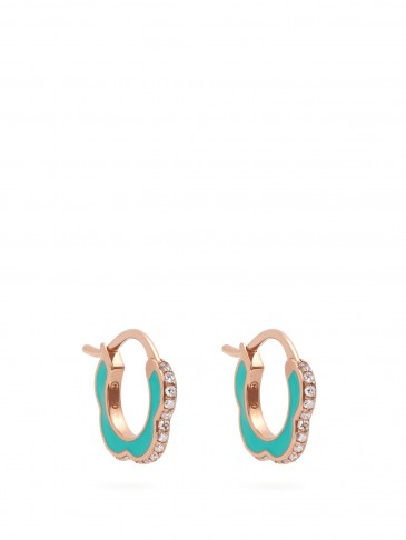 RAPHAELE CANOT Happy Deco diamond, enamel & rose-gold earrings ~ green enamel ear huggies ~ small delicate jewellery ~ mini hoops