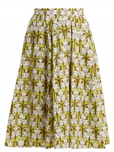 PRADA Iris-print cotton-poplin skirt ~ loose pleated spring/summer skirts