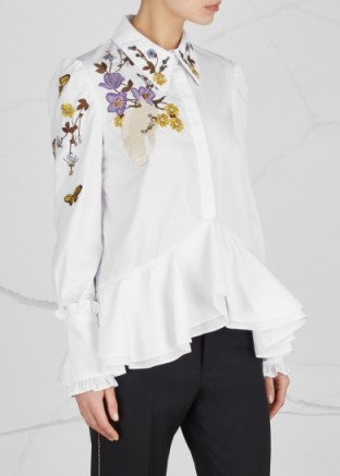 ERDEM Liya white embroidered poplin shirt ~ feminine ruffle hem shirts