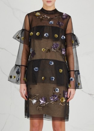 ERDEM Lyndell embellished black semi-sheer silk organza dress