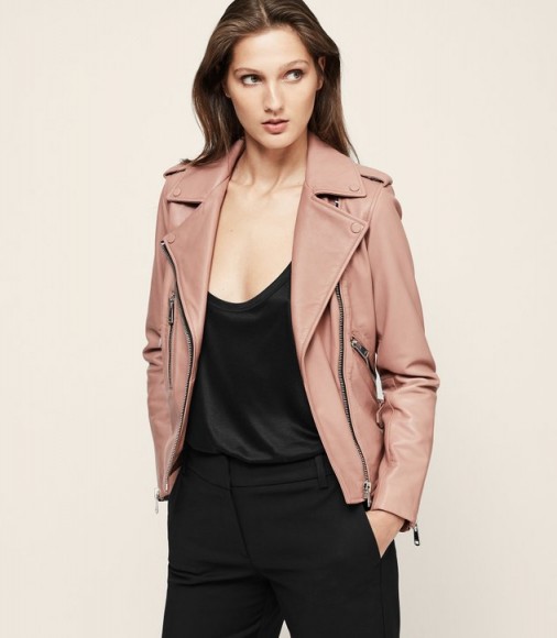 REISS MARLOWE LEATHER BIKER JACKET PINK ~ luxe jackets