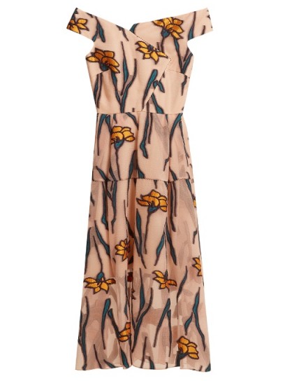 ROLAND MOURET Noblethorpe iris fil coupé dress ~ light-pink floral bardot dresses