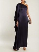 OSMAN Oleander one-shoulder satin gown ~ slinky navy-blue gowns