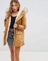 Pimkie Zip Detail Parka With Faux Fur Hood in Mustard | warm winter coats