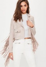 Missguided pink faux suede tassel biker jacket – light tone spring jackets