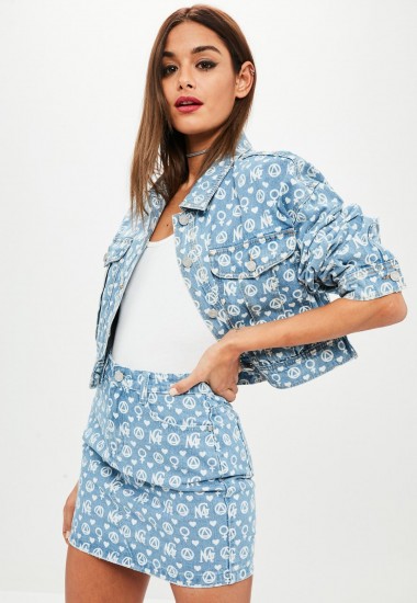 Missguided premium blue printed denim jacket