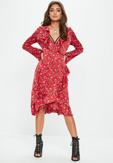 MISSGUIDED red floral long sleeve wrap midi tea dress / ruffled flower ...