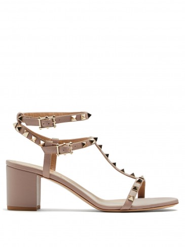 VALENTINO Rockstud block-heel nude leather ankle strap sandals