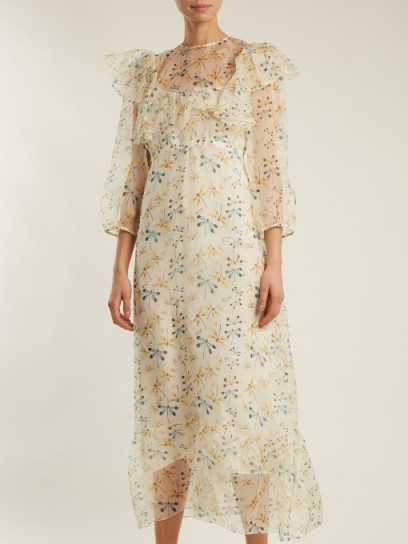 ROCHAS Round-neck dragonfly-print silk dress ~ semi sheer ruffle detail dresses ~ beautiful feminine style