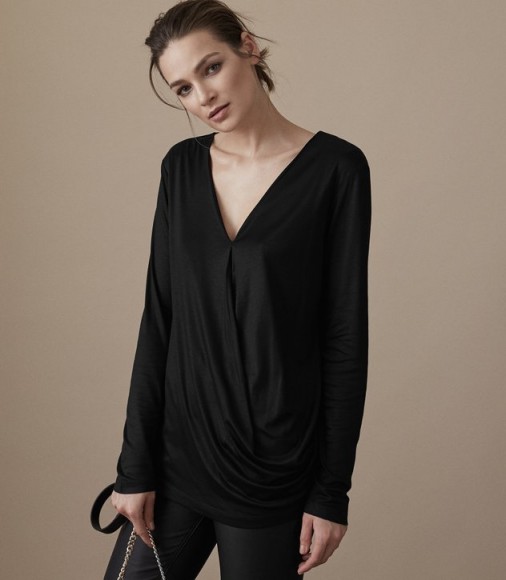 REISS ROX WRAP-FRONT TOP BLACK ~ stylish draped tops