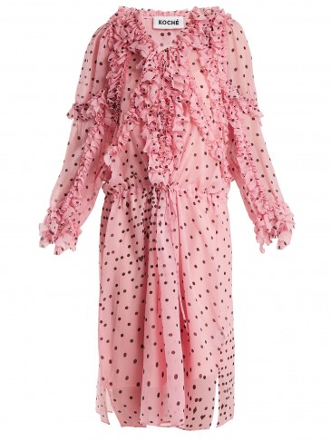 KOCHÉ Ruffled polka dot-print silk dress ~ pink ruffle trim dresses