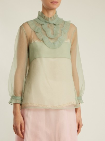 PRADA Ruffle-trimmed light-green organza top ~ semi sheer tops ~ feminine style