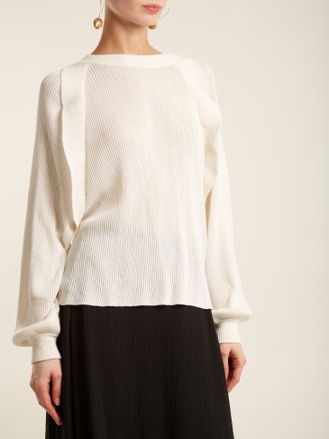 CHLOÉ Ruffle-trimmed ribbed silk-blend sweater ~ cream ruffled sweaters ~ feminine knitwear