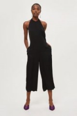 TOPSHOP Satin Halter Jumpsuit – silky black cropped leg jumpsuits – halterneck party fashion