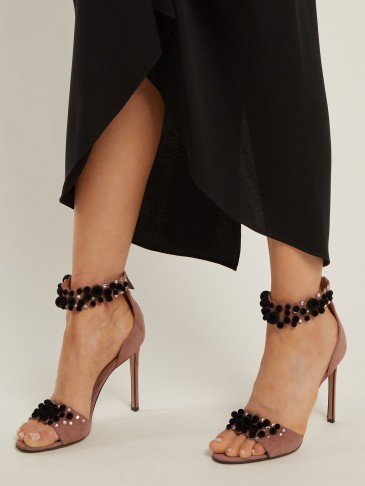 SAMUELE FAILLI Satine pompom-embellished dusky-pink suede sandals ~ statement ankle strap heels