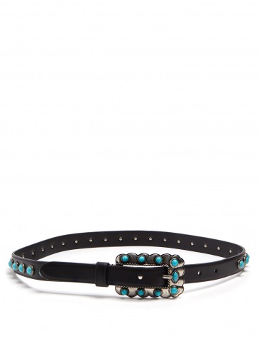 PRADA Turquoise stone-embellished skinny leather belt ~ blue stone belts