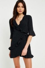 UO Polka Dot Ruffle Wrap Dress – spot prints – ruffled dresses