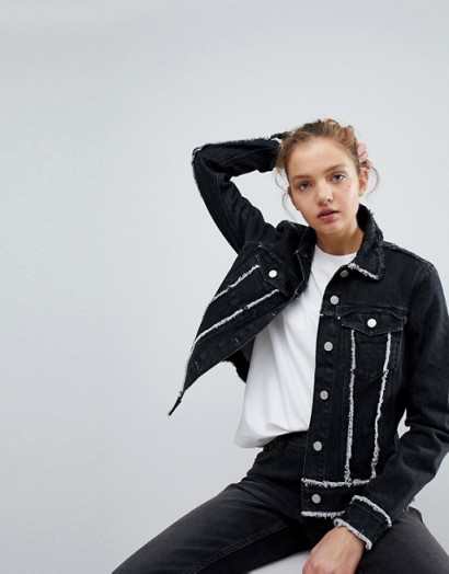 Weekday Denim Trucker Jacket with Raw Hem | frayed black jackets