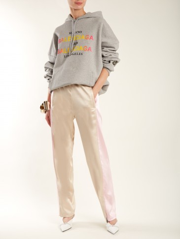 KOCHÉ Wide-leg stripe-panel trousers ~ beige and pink striped casual pants ~ sports luxe clothing