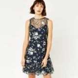 WAREHOUSE ANAIS EMBROIDERED MINI DRESS / sleeveless blue floral dresses