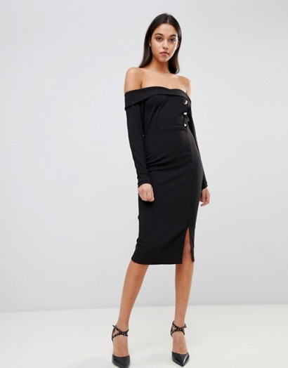 ASOS DESIGN Bardot Button Through Pencil Dress – black off the shoulder party dresses