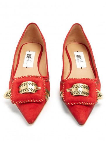 RUE ST. Aurea buckle-detail suede flats ~ red pointy toe shoes