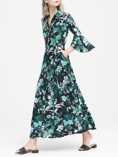 BANANA REPUBLIC Botanical Print Flutter-Sleeve Maxi Shirtdress ~ long green floral print shirt dresses