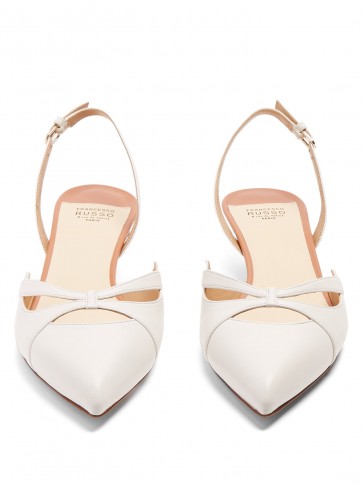 FRANCESCO RUSSO Bow cut-out slingback leather pumps ~ chic white kitten heels