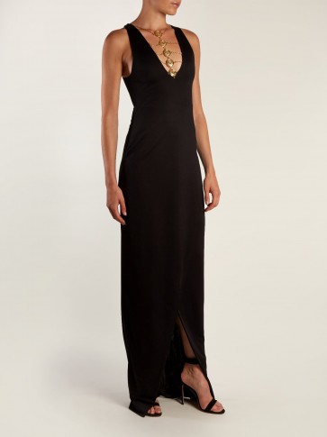 BALMAIN Coin-embellished black jersey maxi dress ~ long chic evening dresses