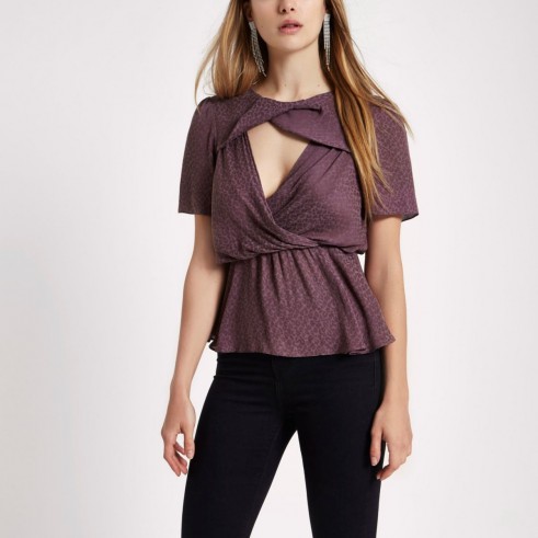 River Island Dark purple leopard jacquard twist front top – cut out tops