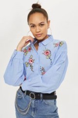 TOPSHOP Floral Embroidered Shirt / blue shirts