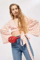 TOPSHOP Floral Jacquard Wrap Top / pink wide sleeve crop tops