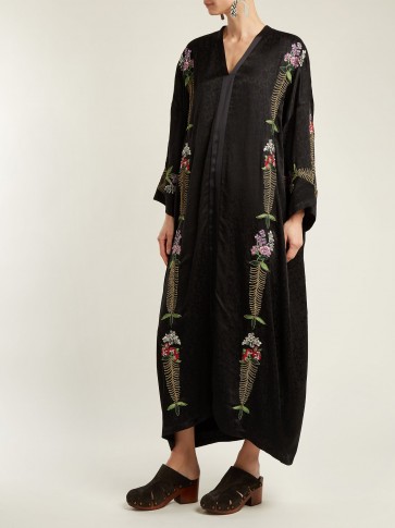 ETRO Fuji floral-embroidered satin kimono dress ~ black oriental style dresses