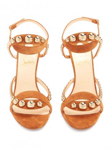 CHRISTIAN LOUBOUTIN Galeria 100mm stud-embellished suede sandals ~ tan-brown strappy heels