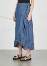 GESTUZ Cyndie ruffle-trimmed wrap skirt ~ long ruffled denim skirts