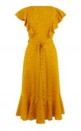 WAREHOUSE JACQUARD MIDI DRESS / gold tone ruffled dresses